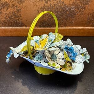 Vintage Saldana Mexican Folk Art Metal Enamel Flower Butterfly Basket Blue Green